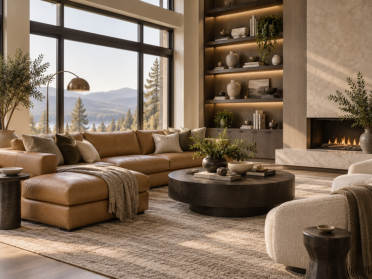 Layered living room with a camel leather sectional, lounge chair, coffee table and built-in shelving