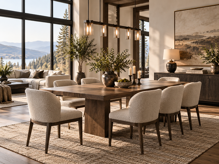 Finished dining room with a walnut table, cream upholstered chairs and mountain views