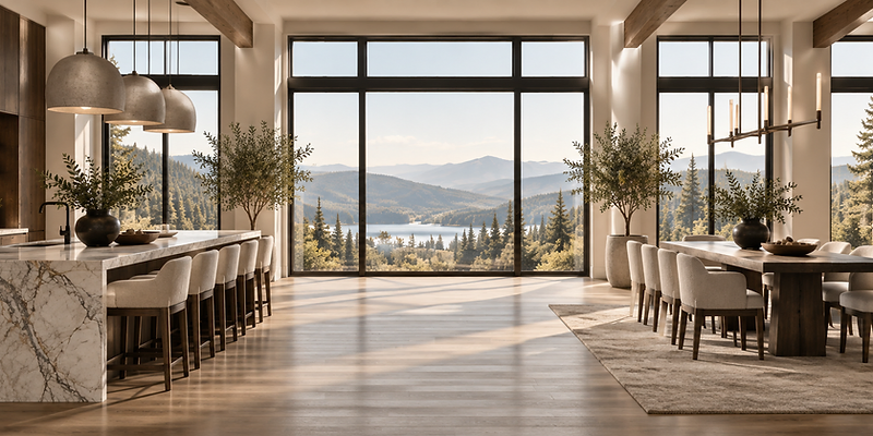 Open-concept kitchen and dining room with marble island, bar stools and mountain views