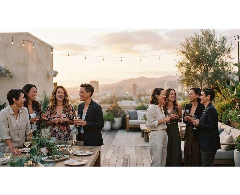 A group of lesbian friends sharing a warm, candid rooftop gathering at golden hour — laughter, connection, and the feeling of belonging.