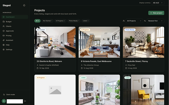 Staged. main dashboard showing all active project listings as cards with status badges