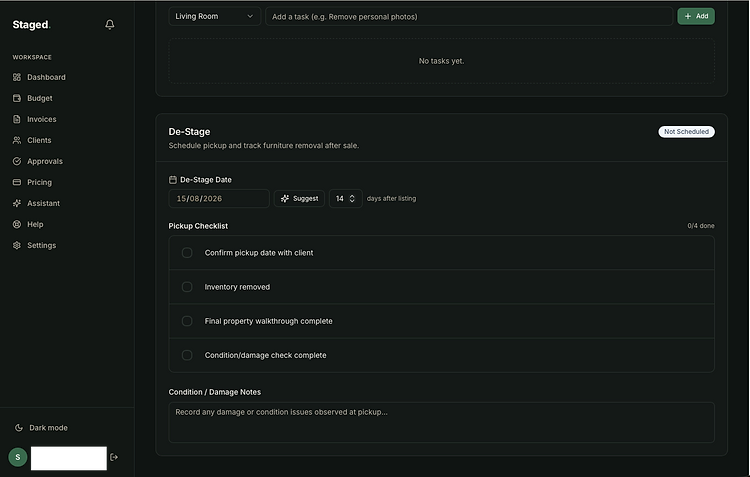 Staged. De-Stage module showing pickup date scheduling, a pickup checklist, and condition/damage notes