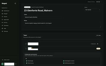 Project detail view showing the team panel with owner and collaborator roles, and a collaborator permissions matrix