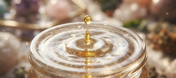 A gota de essência pura representa o ponto de encontro entre a matéria densa e a energia sutil.