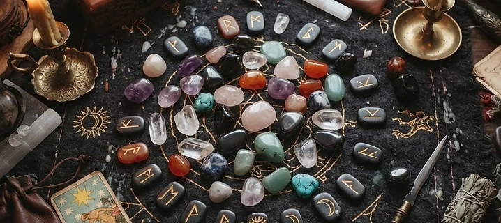Colorful tumbled crystals and stones scattered on dark cloth for a lithomancy reading