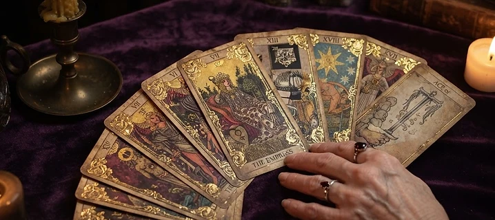 A hand of vintage ornate playing cards fanned across dark velvet in candlelight