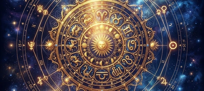 A golden zodiac chart on a cosmic background, marking the lunar apogee