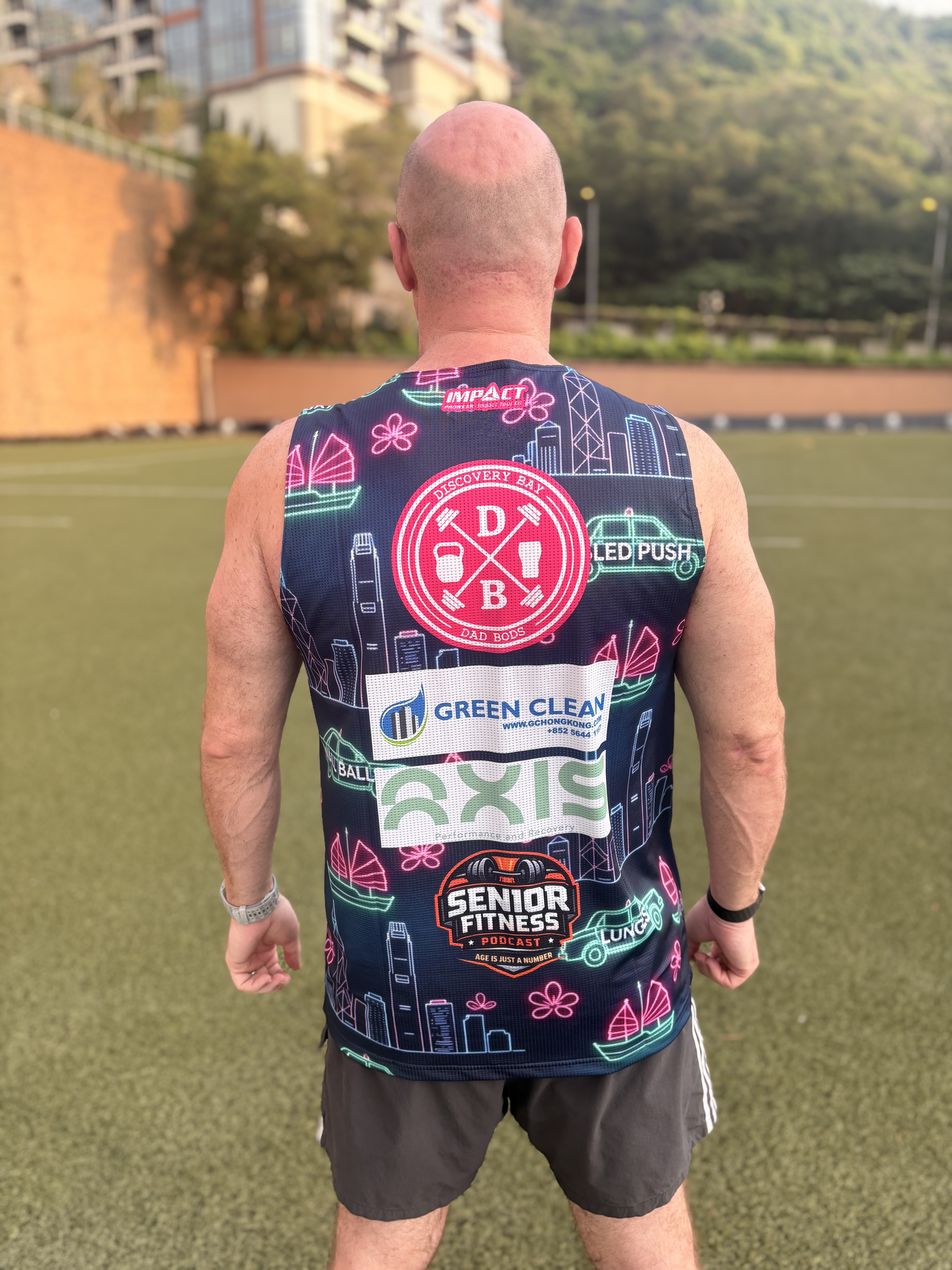 A DBDB athlete in the Senior Fitness Podcast x DBDB collaboration singlet