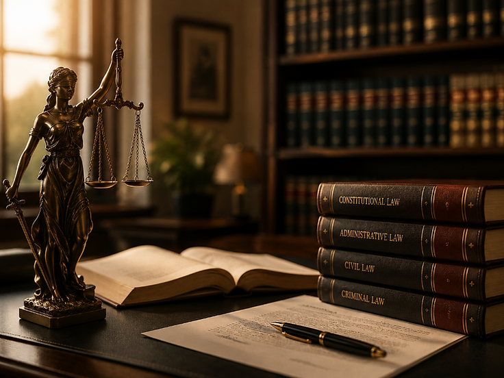 Lady Justice statue with legal volumes and fountain pen