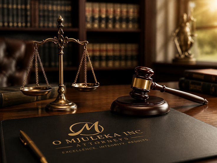 O Mjuleka Inc branded desk with scales of justice and gavel