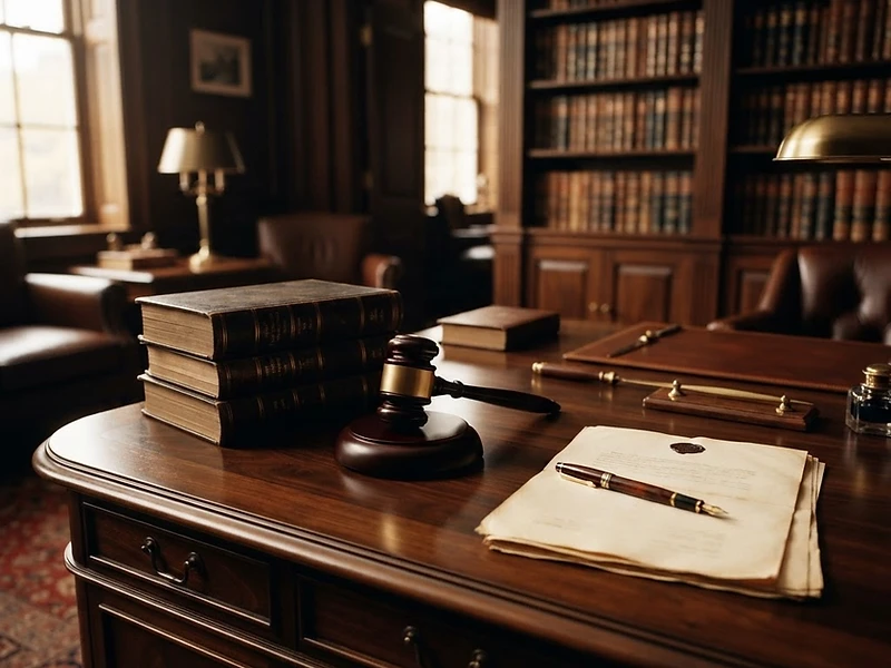 Polished walnut desk with law books and a judge's gavel