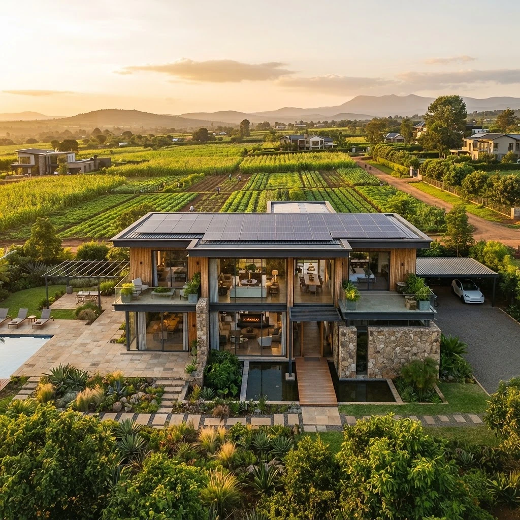 Modern solar-powered home surrounded by productive agriculture