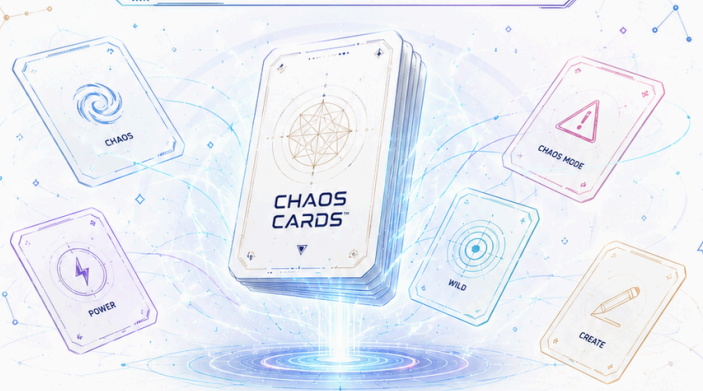 Chaos Cards™ — a multi-card deck featuring Chaos, Power, Wild, Chaos Mode, and Create cards