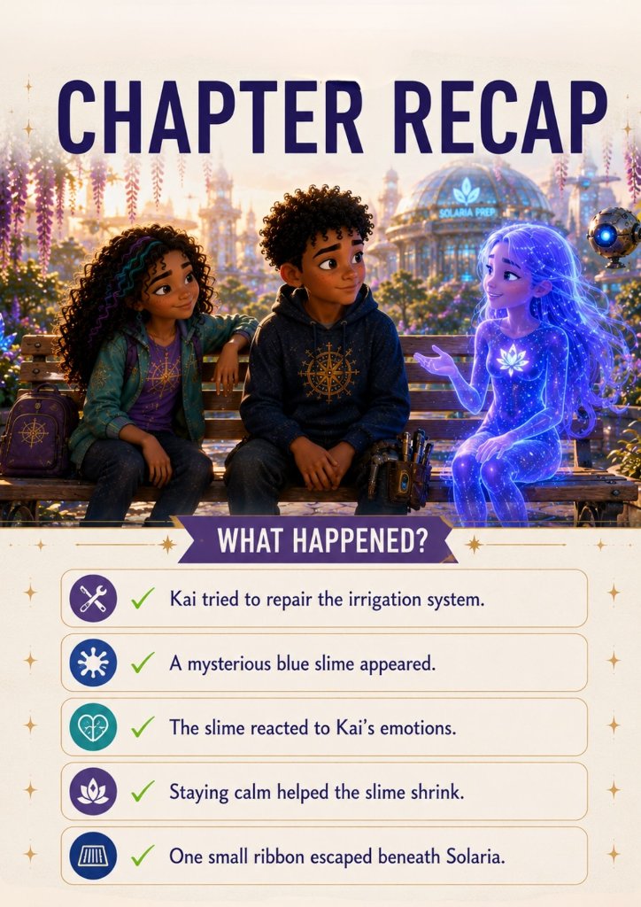 Chapter Recap — Kai, Skylar, and Lumia with the five things that happened in Chapter 1