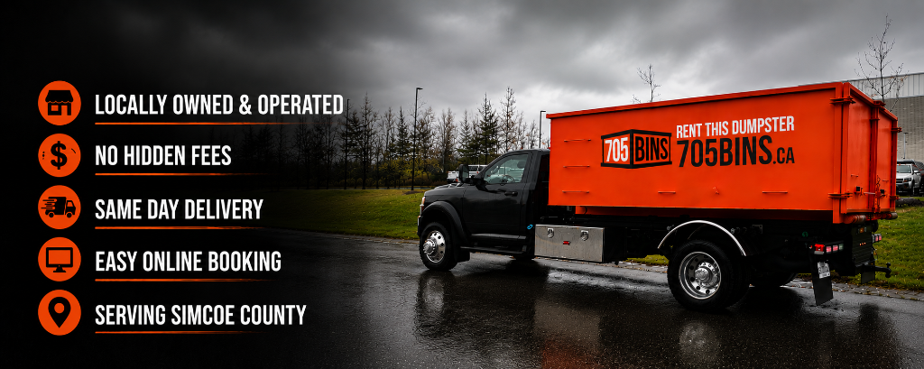 705 Bins dumpster bin rental delivered to a Simcoe County driveway