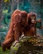 Two orangutans facing each other, one holding a moss-covered object