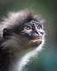 Seen from slightly below, the langur looks upward with amber eyes and a furrowed brow, forest bokeh behind.