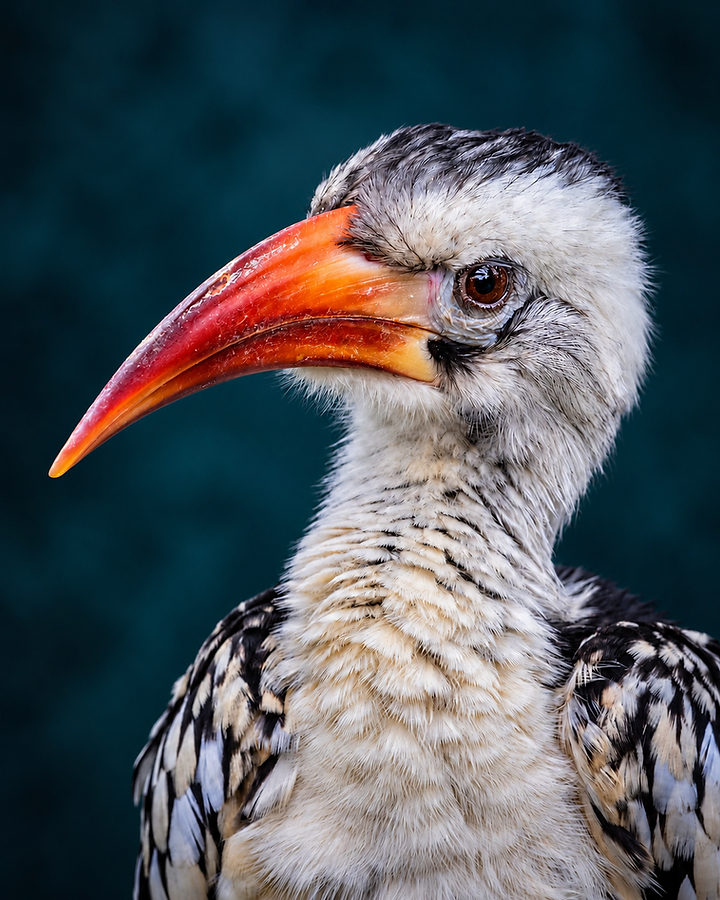 Side profile with pale blue skin around the eye, bill grading from orange to warm yellow.