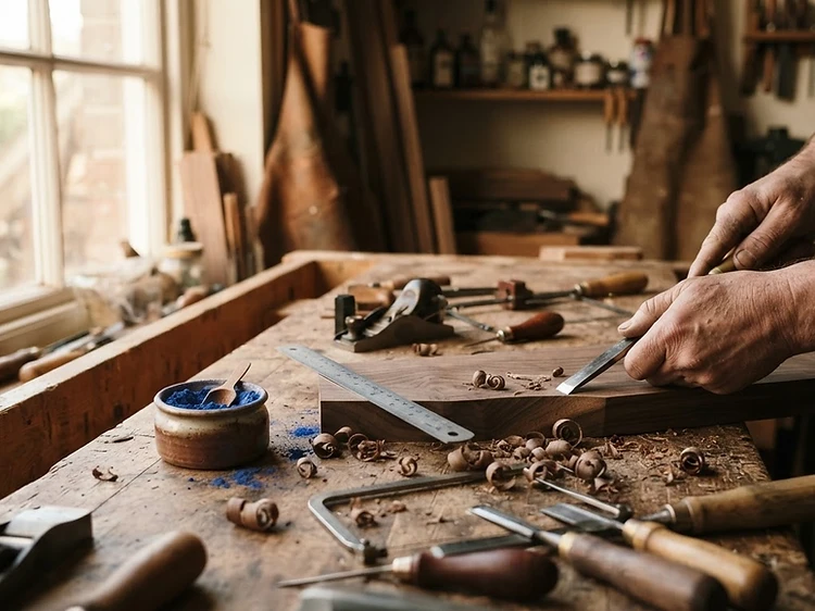 Artisan workbench with wood shavings and resin pigment