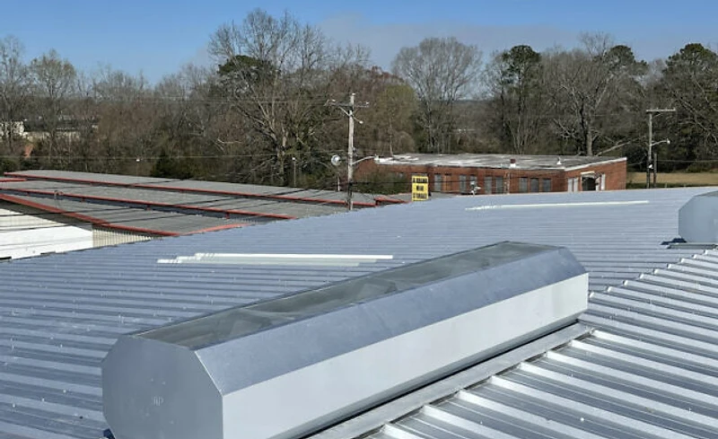 R-Panel metal roofing on a commercial building