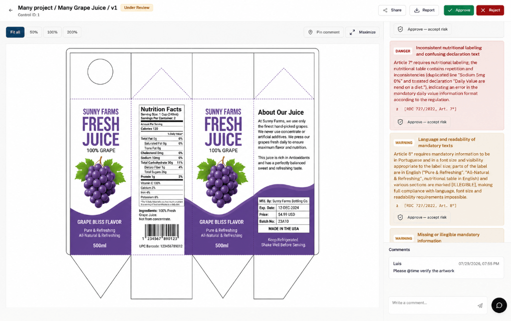 PackD compliance review interface showing packaging artwork with cited DANGER and WARNING findings