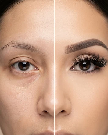 Before and after lash extensions, split down the middle