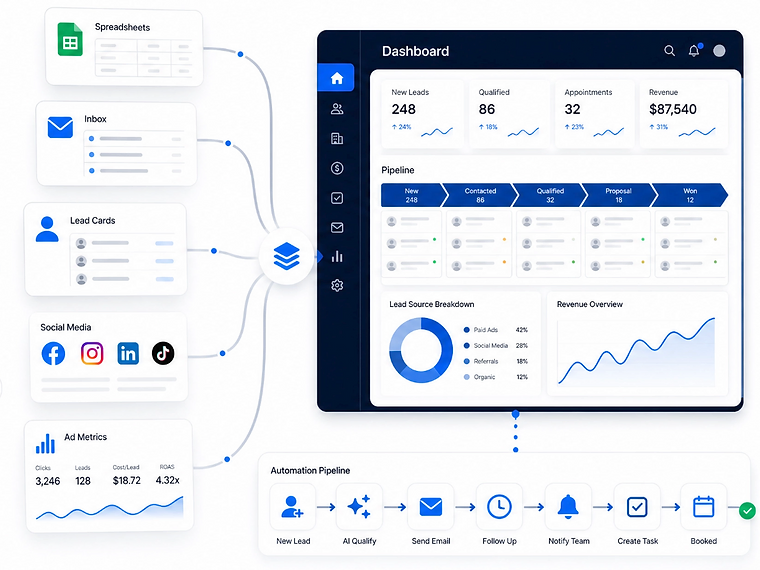 ProFlow consolidates data sources, dashboard, and automation pipeline into one unified system