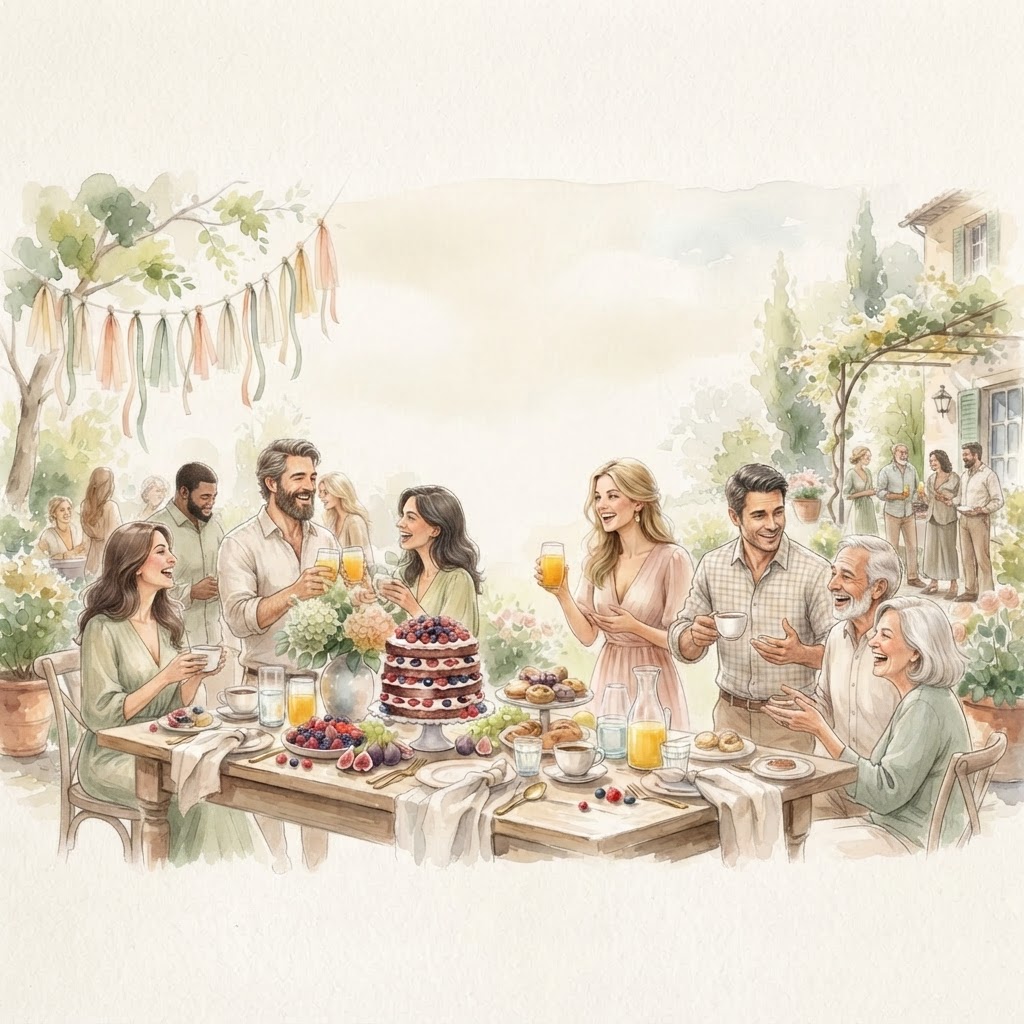 A watercolor celebration brunch — friends around a styled table with a layer cake, pastries, and soft florals under morning light.