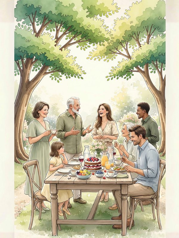 A watercolor garden gathering — friends around a styled table with a layer berry cake, fruit, and soft florals under daylight.