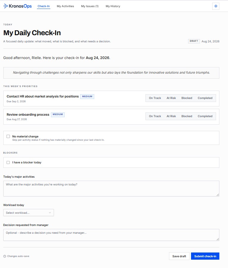 KronosOps daily check-in form with priorities, blockers, workload, and decisions requested