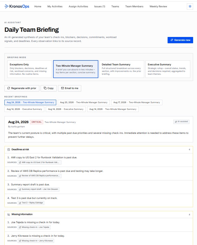 KronosOps AI-generated daily team briefing with priorities at risk, blockers, and decisions waiting