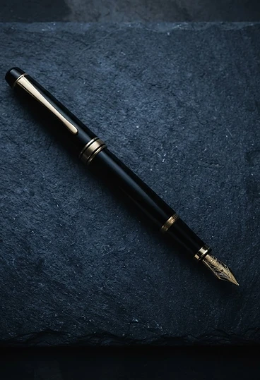 Gold-tipped fountain pen on dark stone