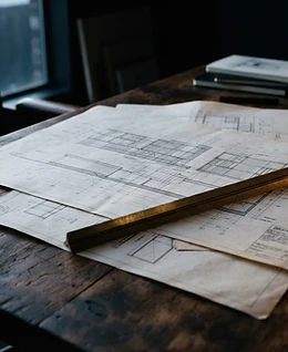 Architectural plans and brass drafting tool