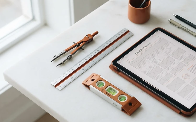 Architectural tools and tablet showing website blueprint