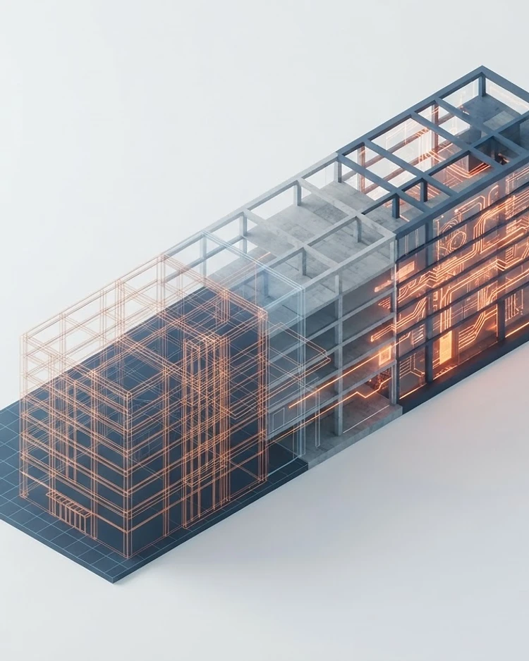 Architectural blueprint transforming into a finished website