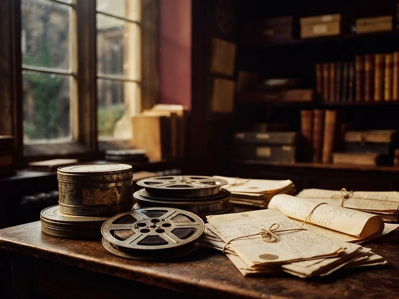 Atmospheric documentary archive — film reels and historical documents in warm maroon and gold light