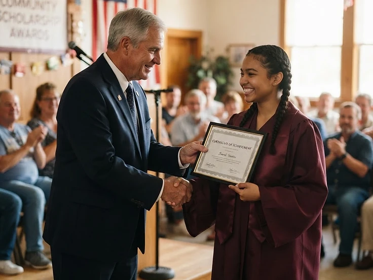 Lodge member presenting a scholarship certificate to a student
