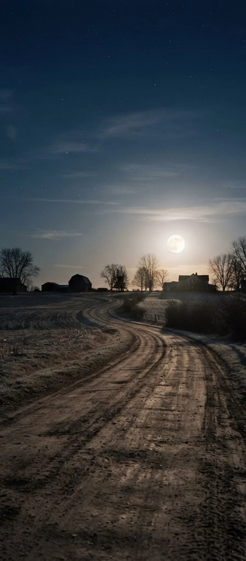 Full moon rising over a rural Ohio road at night