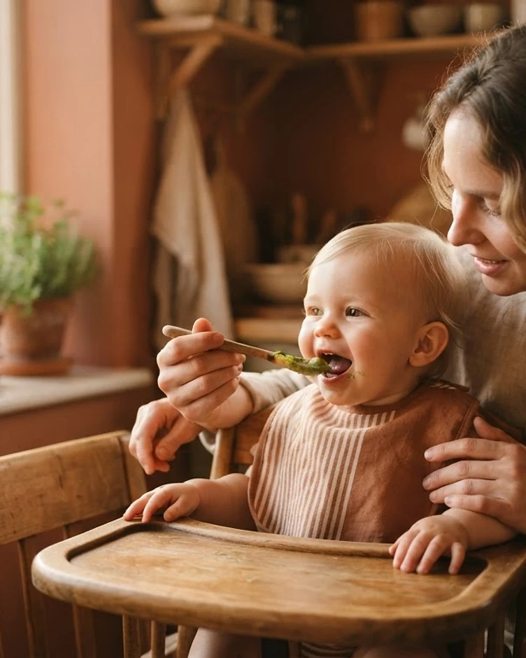 Mother feeding baby a puree with a wooden spoon in warm natural light