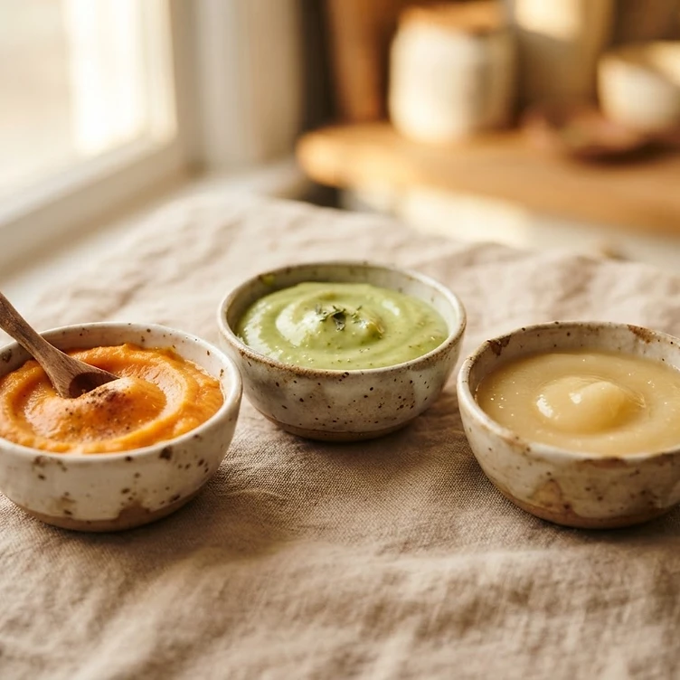 Colorful baby food purees in small ceramic bowls