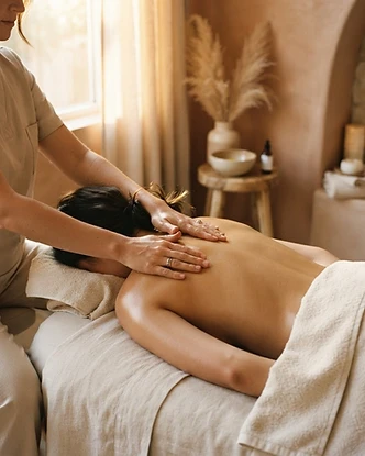 A woman receiving a warm, oil-based back massage in soft golden light