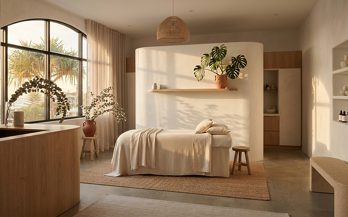 Sunlit treatment studio with natural linen and greenery