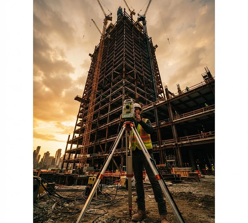 Construction site with surveying equipment at golden hour