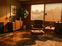 Mid-century lounge interior at sunset