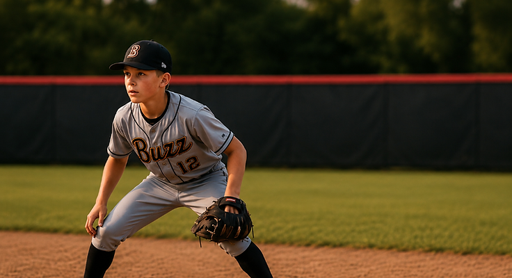 Buzz Baseball first baseman in the official gray uniform stretched for a throw at first base