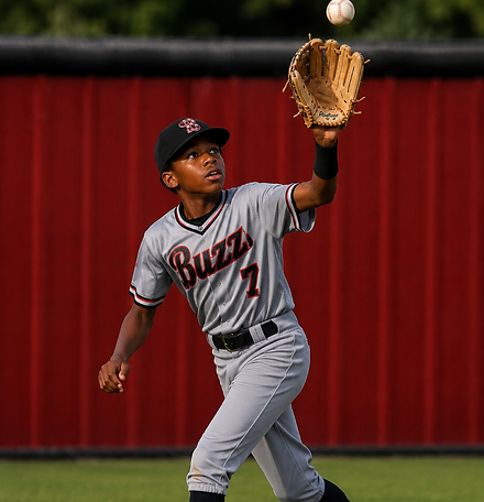 Buzz Baseball youth select baseball outfielder making a catch in Central Texas