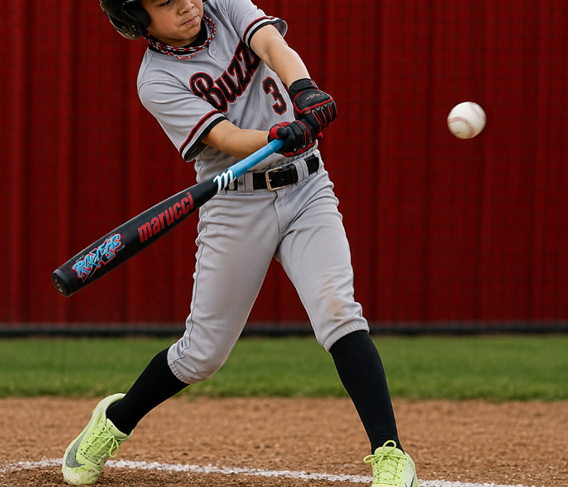 Buzz Baseball player mid-swing