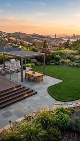 Luxury garden landscape at golden hour