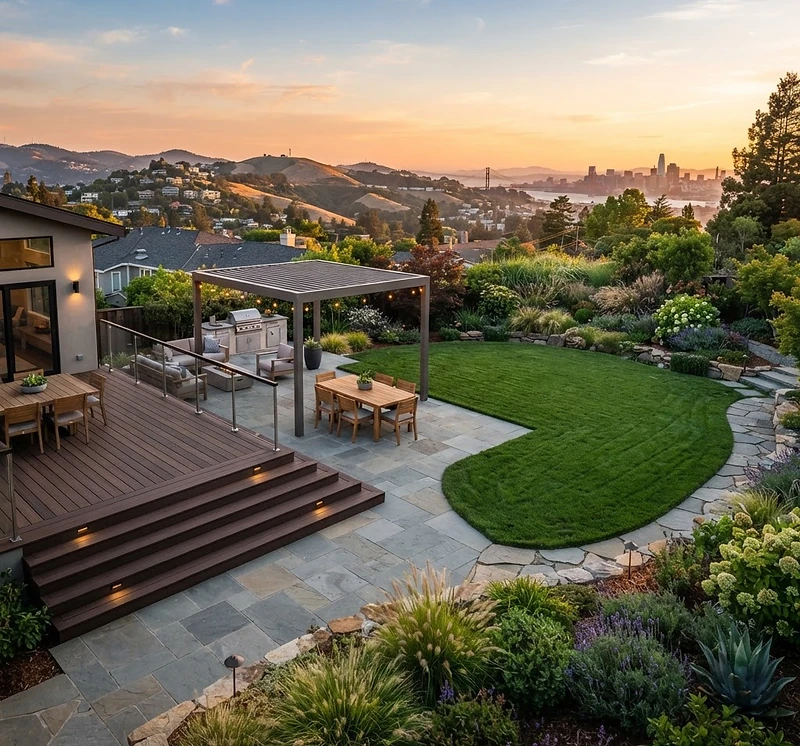 Luxury residential garden designed by Martinez Garden Services at golden hour