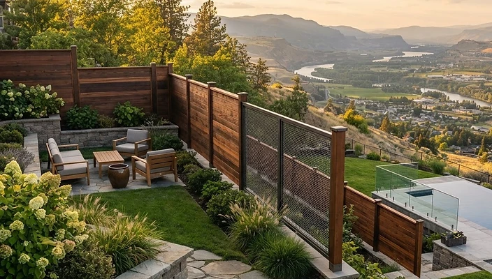 Metal and mesh fence on a scenic hillside property